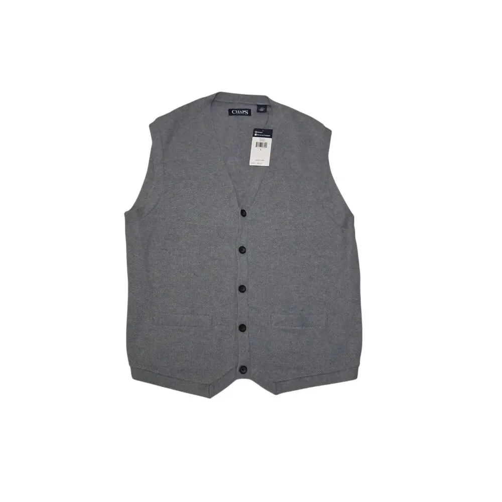 Chaps Men's Large Vest NEW WITH TAGS Gray 100% Cotton Button Up